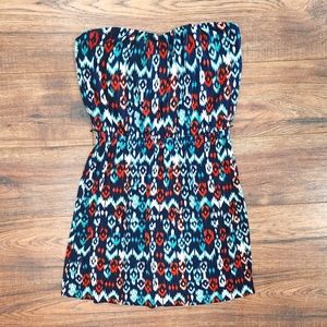 Trixxi Junior's Strapless Navy Aztec Print Lightweight Casual Mini Dress Small S
